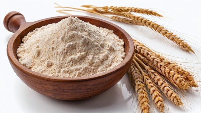 Wheat Flour (Maida) in a Wooden Bowl isolated on a white background