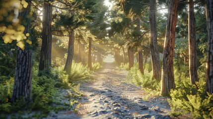 Fototapeta premium Serene sunlit path winding through a tranquil forest with soft light