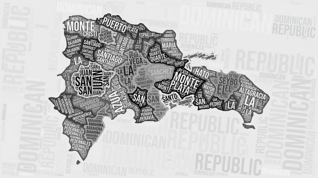 Dominican Republic Animation. Visual effect of Dominican Republic regions appearing in black and white word clouds style. Country intro video. Stylish Animated Motion Graphics.