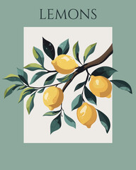 Interior poster with abstract fruits. Trendy contemporary wall art with lemons. Modern naive groovy interior painting in calm, juicy shades of yellow, green, beige. Hand drawn vector art illustration