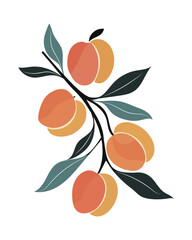 Interior poster with abstract peaches. Fruit artwork, boasting a boho charm and minimalist botanical art vibes. interior painting in calm, juicy shades of orange, beige, green. Hand drawn vector art 