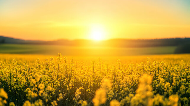 A field of yellow flowers under a bright setting sun.