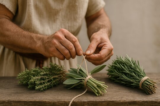 Herbal artisan skillfully binds fresh bundles of fragrant herbs in a rustic workshop setting Generative AI