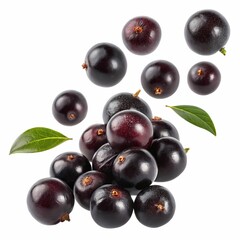 Fototapeta premium A vibrant collection of Jabuticaba fruits with leaves against a white backdrop