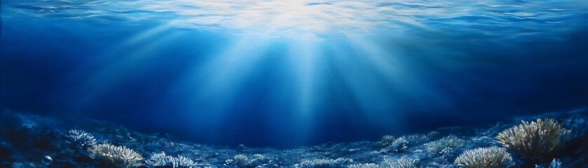 Fototapeta premium Deep ocean depths lit by sunlight beams.