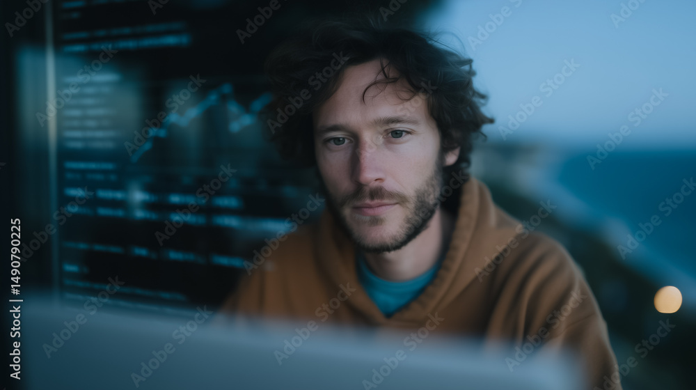 Poster tech visionary at work: a focused individual intently studies data on a computer screen, embodying i
