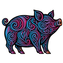 A pig with a purple and blue swirl pattern on its body. The pig is standing on a white background