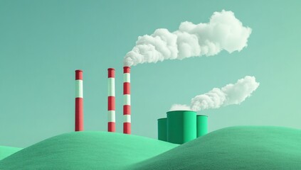 Smog over Green Hills: Industrial Pollution Minimalist Illustration