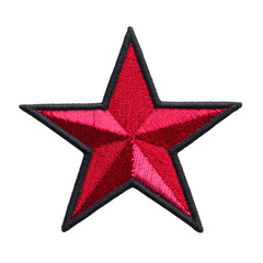 Obraz premium Vibrant red embroidered star patch with black border, showcasing intricate stitching and bold design. Perfect for adding flair to clothing or accessories