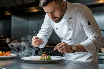 Male chef with beard meticulously plating a steaming hot gourmet dish with tweezers.