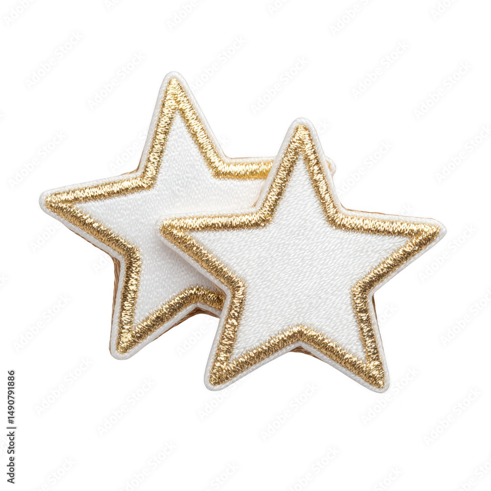 Poster two white star shaped patches with gold embroidered edges are displayed on transparency background, 