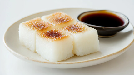 Baked pedestal with fresh Japanese rice cakes and soy sauce on a white background .