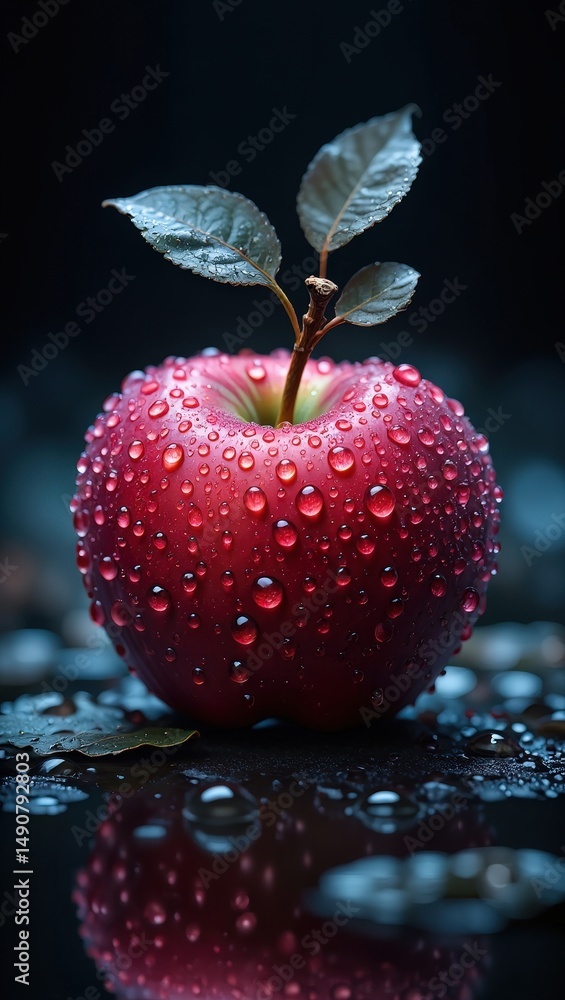 Poster a red apple with droplets of water on it, sitting on a black surface, with a reflection visible bene