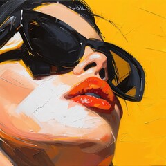 Abstract artistic portrait of a woman wearing sunglasses and vivid red lipstick on yellow background
