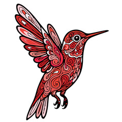 A red bird with a pink wing and a pink beak. The bird is in the air and has a unique design on its wings