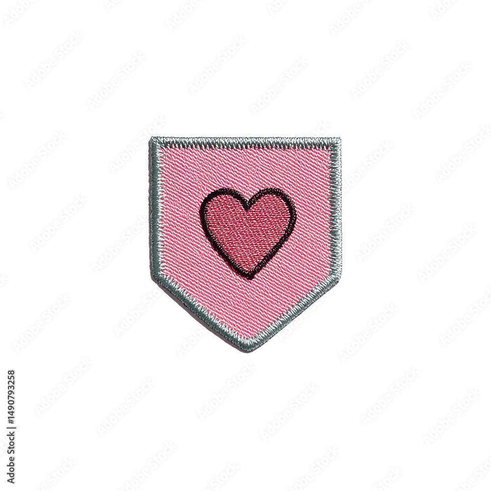 Poster pink embroidered patch with heart design in center, featuring silver border. patch is shaped like sh