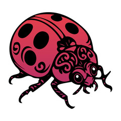 A red ladybug with black spots is drawn in a stylized way. The ladybug has a unique design on its back and is wearing a necklace. Scene is whimsical and playful