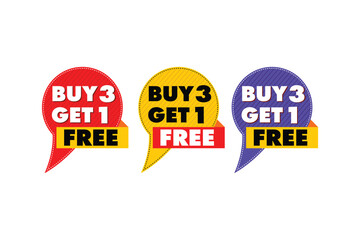 Buy 3 Get 1 Free promotional badge set – colorful vector speech bubble labels for retail offers, marketing sales, and discount campaigns.