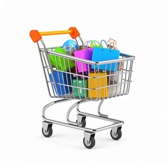 Shopping cart overflowing with colorful shopping bags representing consumerism, retail therapy, and modern shopping