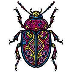 A colorful bug with a swirl pattern on its back. The bug is drawn in a very detailed and colorful way, with each section of its body having a different color. Scene is cheerful and lively