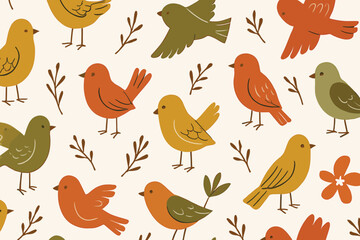 Fototapeta premium Seamless Folk Art Cute Bird Pattern with Autumn Colors on Cream Background with Botanical Elements