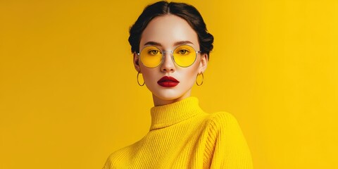 Stylish woman in yellow turtleneck and sunglasses on vibrant yellow background. Perfect for fashion, beauty, and lifestyle projects. Ideal for websites, magazines, and social media.