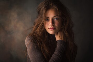 Fototapeta premium Stunning portrait of a young woman with long brown hair. Elegant and sensual style. Perfect for beauty, fashion, and advertising. Ideal for websites, magazines, and social media.