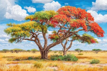 Fototapeta premium Vibrant acacia trees african savanna digital art scenic landscape aerial view nature's beauty