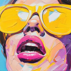 Pop art portrait of a woman wearing yellow sunglasses and vibrant pink lipstick