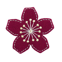Vibrant embroidered cherry blossom patch with intricate white stitching on deep purple fabric, showcasing delicate craftsmanship and floral elegance