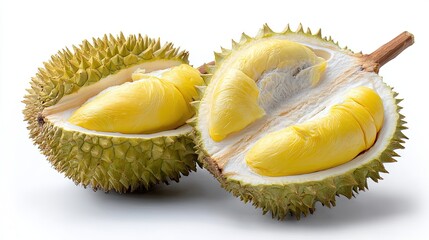 Fototapeta premium Half opened durian fruit with creamy yellow pulp, isolated on white background, tropical exotic fruit close-up