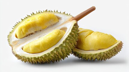 Fototapeta premium Half opened durian fruit with creamy yellow pulp, isolated on white background, tropical exotic fruit close-up