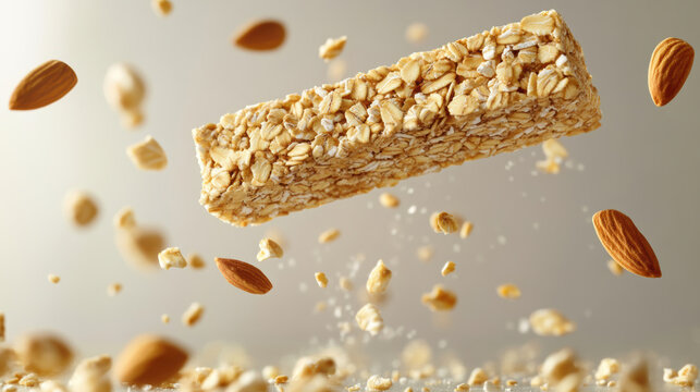 Granola bar with oat flakes and almond nuts floating mid air above blank wrapper, soft neutral background, healthy snack concept with natural ingredients and light texture