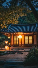 Fototapeta premium Illuminated Asian house, lanterns, tranquil garden.