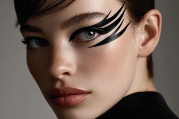 Fototapeta premium Close-up portrait of a stunning young woman with artistic black eyeliner makeup, showcasing her beautiful eyes and flawless skin, with a neutral gray background.