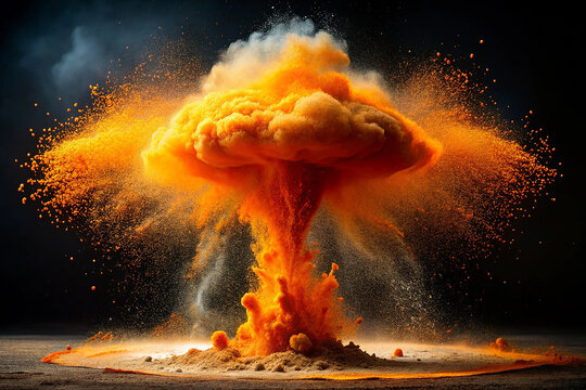Vibrant Orange Powder Explosion Captured in High-Speed Photography on Dark Background.