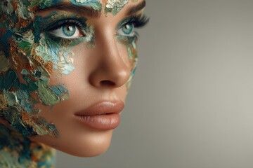 A close-up portrait of a woman with colorful artistic paint on her face, featuring blue eyes and smooth skin, evoking a sense of creative expression and modern art.