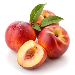 A captivating close up of fresh nectarines arranged with leaves against white