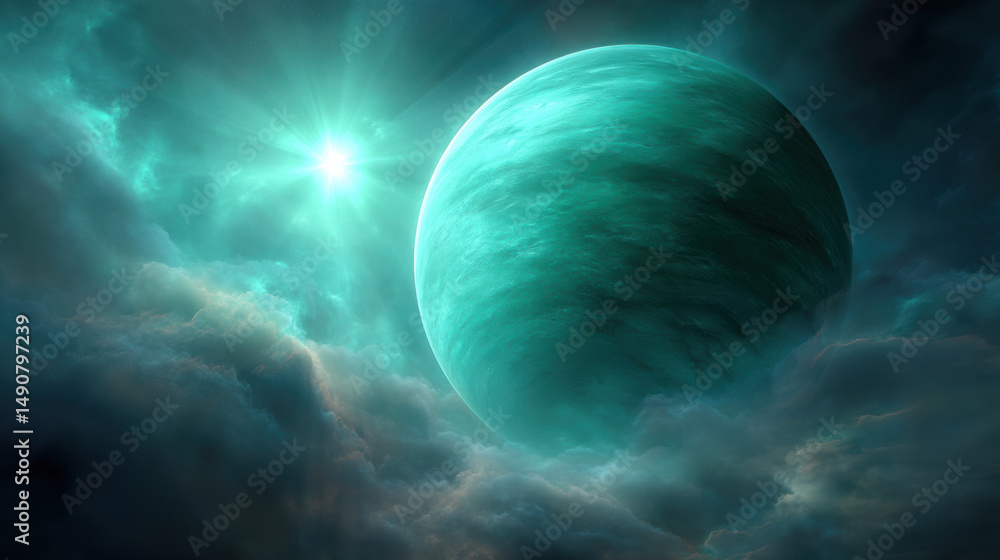 Poster dreamy 3d render of frosted shimmer planet with soft glowing surface textures and light emitting clo