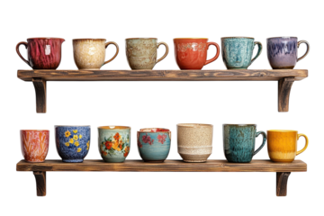 A curated collection of artisanal ceramic mugs showcased on rustic wooden shelves evoking a on transparent background