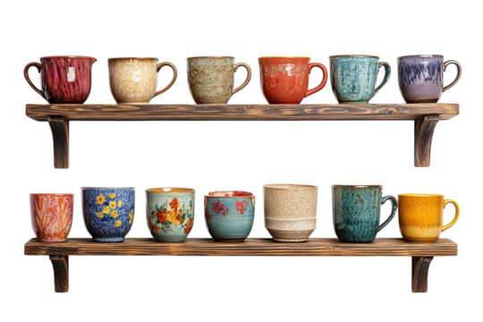 A curated collection of artisanal ceramic mugs showcased on rustic wooden shelves evoking a on transparent background