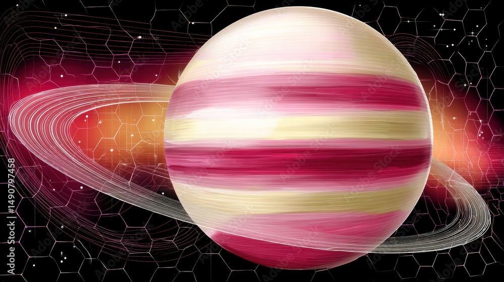Poster vibrant 3d render of striped planet with pink and cream bands and delicate rings, set against dark s