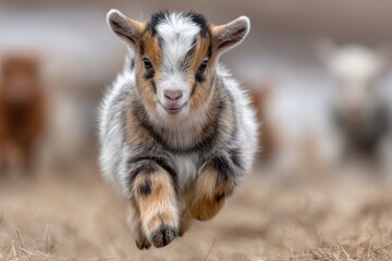 Fototapeta premium Adorable baby goat running happily in a field, showcasing its playful nature and youthful energy, surrounded by blurred natural background elements.