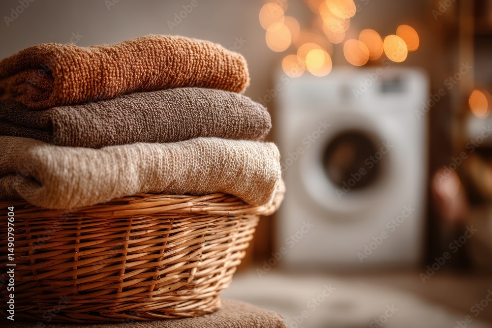 Poster a cozy scene of folded towels stacked in a wicker basket, with a washing machine and string lights s