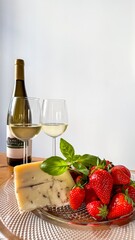 Sun-dappled strawberries and aromatic cheese accompany chilled wine in a midsummers eclectic feast,...