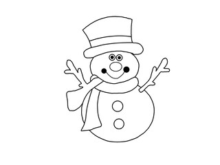 The snowman has two round snowballs for the body and head, with a smiling face, a round nose, and two dots for cheeks