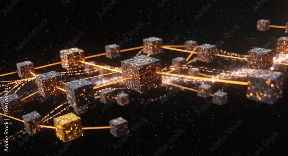 Poster abstract network of interconnected textured metallic cubes with glowing orange light trails in dark 