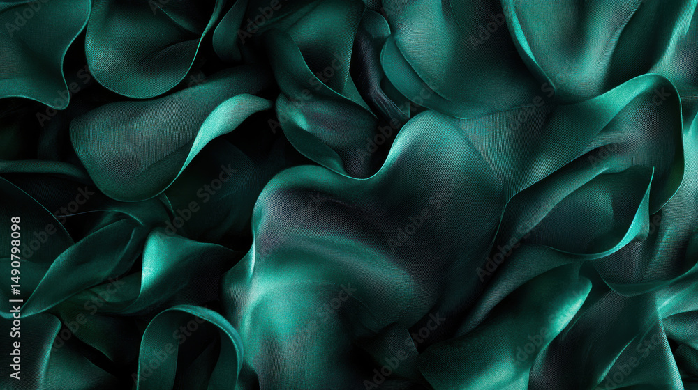 Poster emerald green fabric with soft flowing folds and delicate texture creating elegant and smooth abstra