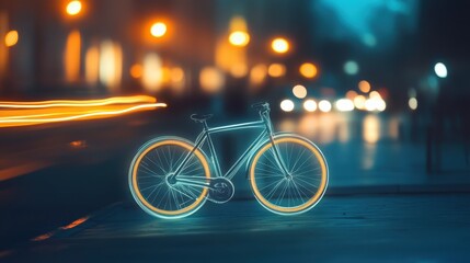 Futuristic glowing bicycle on city street at night with blurred lights abstract and technology design conceptual illustration