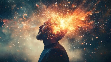 Mindfulness Meditation Ignites Inner Spark: Cosmic Visualization with Glowing Sparks Showcasing Spiritual Growth and Mental Clarity Against a Celestial Background